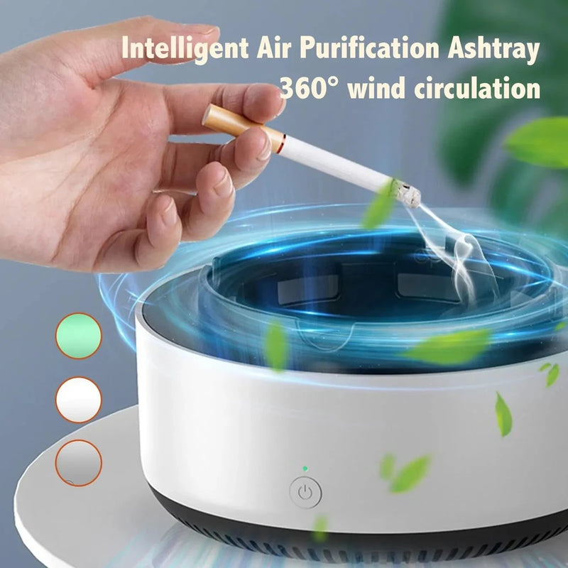 Blinkcee multifunctional ashtray and air purifier showing sleek design with smoking and air purification features in a home or office setting.