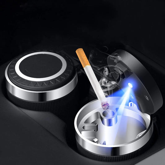 Portable stainless steel car ashtray by Blinkcee, compact design with a lid for easy use and odor control inside vehicles.