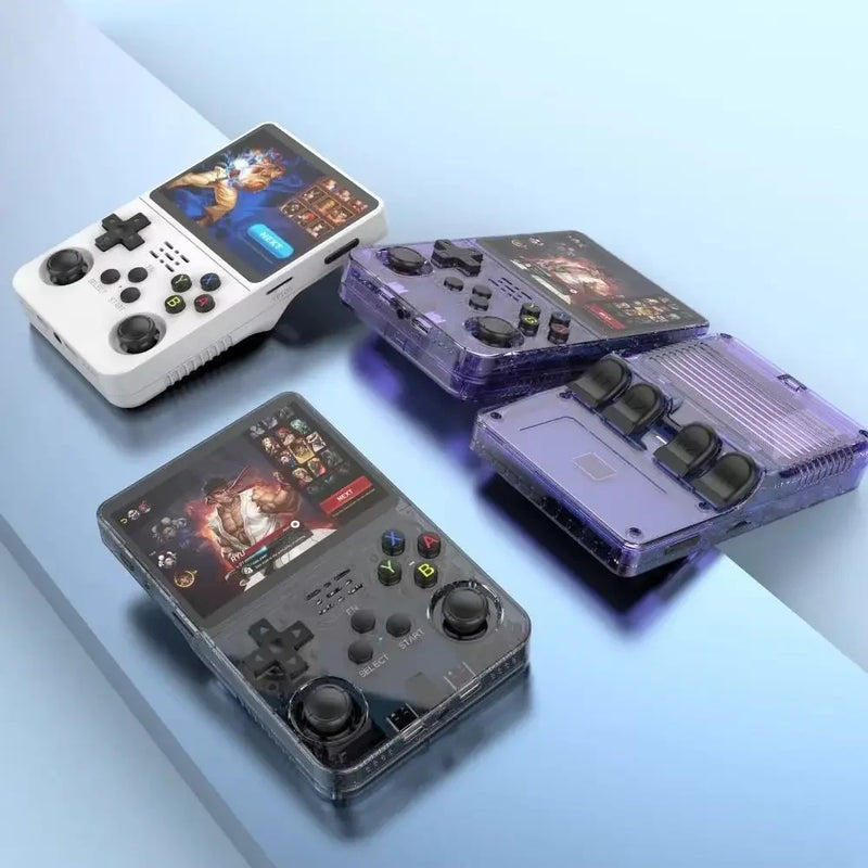 Blinkcee R36S 3.5-inch IPS handheld retro game console with colorful buttons, displaying multiple game icons on the screen.