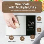 Digital kitchen scale by Blinkcee with digital display and sleek design, used for accurate food weight and calorie measurement.
