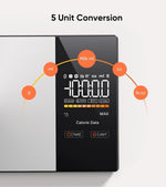 Digital kitchen scale by Blinkcee showing a food weight measurement on the LCD display with calorie calculation features