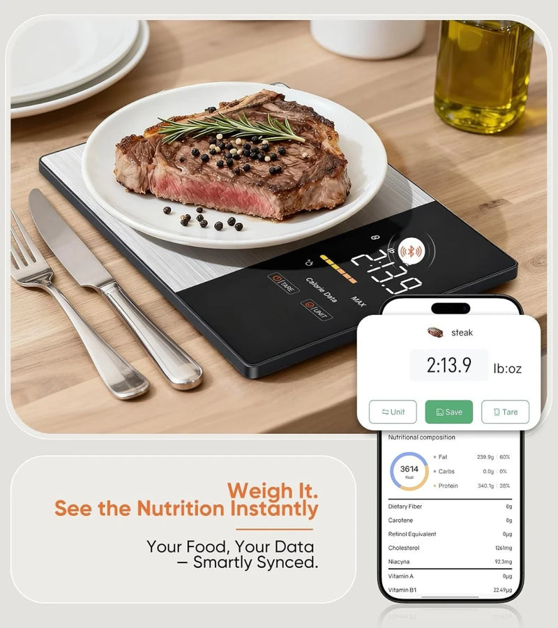 Digital kitchen scale by Blinkcee with a sleek design, featuring a digital display and calorie calculator function for precise food measurements.