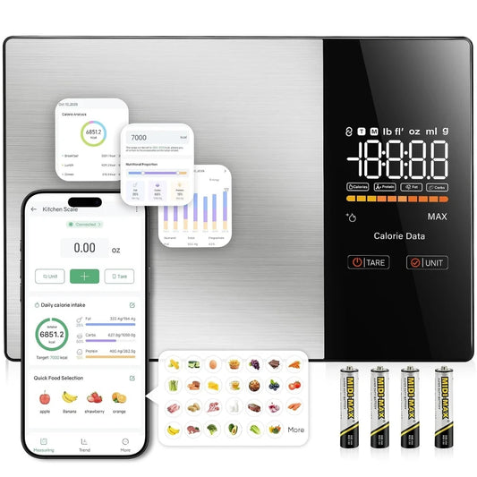 Digital kitchen scale by Blinkcee with a sleek design, showing weight measurements on its digital display for accurate calorie counting.