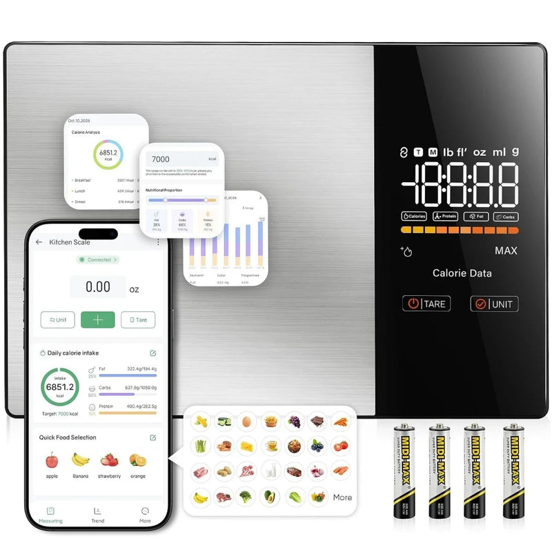 Digital kitchen scale by Blinkcee with a sleek design, showing weight measurements on its digital display for accurate calorie counting.