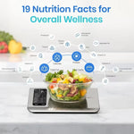 Digital kitchen scale by Blinkcee for smart nutrition, showing food weighing and calorie calculation on a sleek, modern surface.
