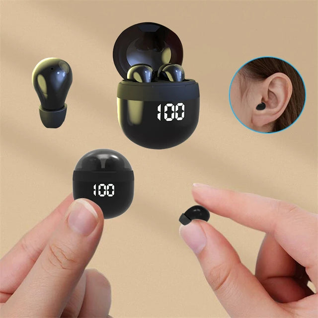 Mini invisible earbuds by Blinkcee shown in sleek black with compact design, perfect for discreet listening.
