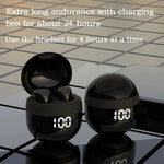 Mini invisible earbuds by Blinkcee shown in a close-up view, highlighting their sleek, discreet design and compact size.
