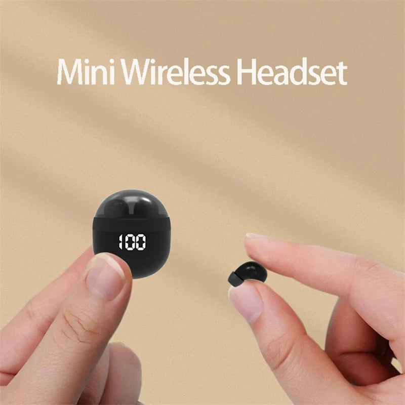 Mini invisible earbuds by Blinkcee shown in a close-up image, highlighting their sleek, discreet design and compact size.