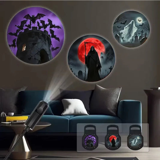 Blinkcee projector night light displaying Halloween, Christmas, and planet-themed images projected onto a wall.