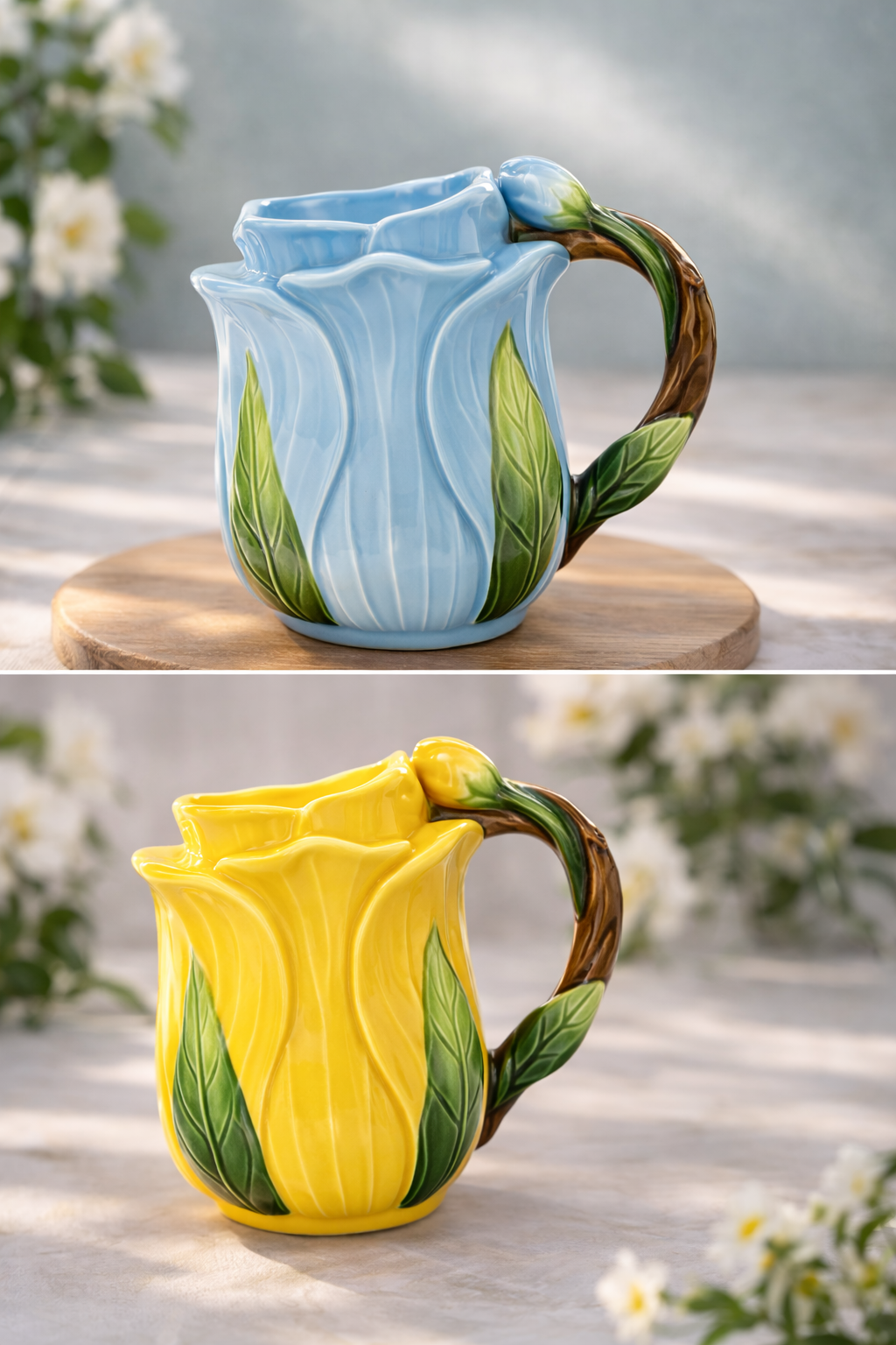 Set of Blinkcee flower design ceramic cups featuring colorful floral patterns on white glazed ceramic.