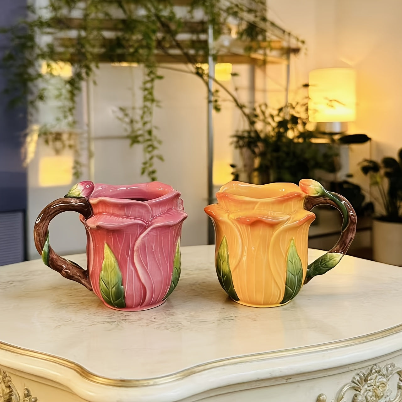 Ceramic cup with colorful flower design by Blinkcee, showcasing intricate floral patterns on a white ceramic surface.