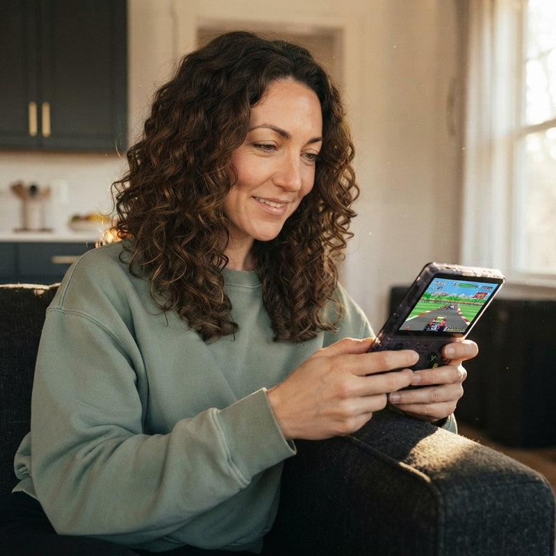 Blinkcee R36S 3.5-inch IPS handheld retro game console with a screen displaying colorful game graphics and controls.