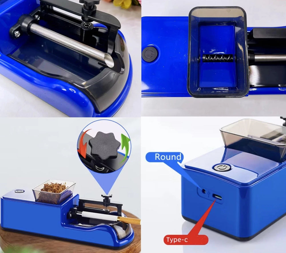 Automatic electric rolling machine by Blinkcee, showing sleek black design and compact size for efficient rolling.